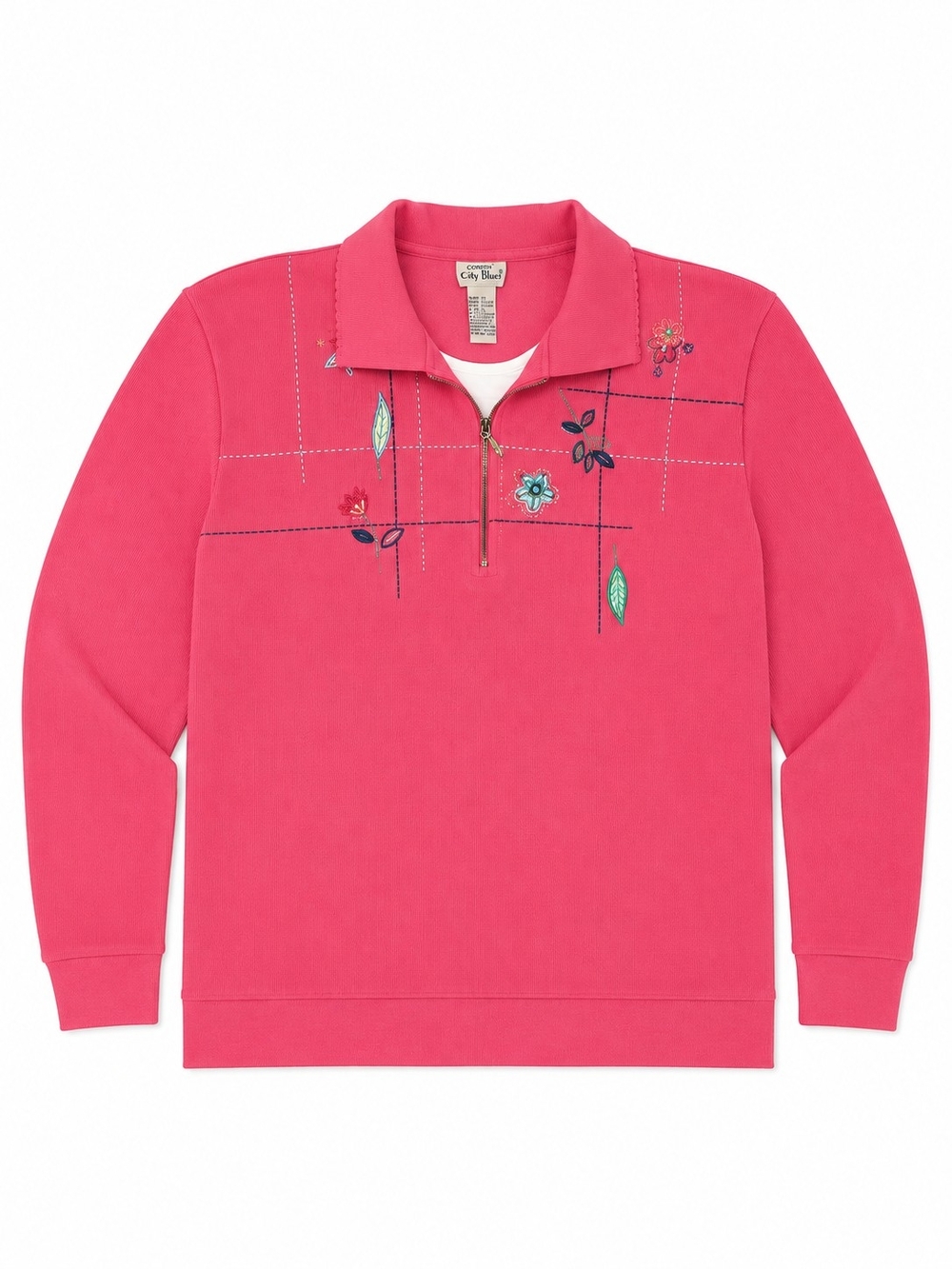 Vintage Grandmacore Pink Quarter-Zip Embroidered Sweatshirt Size XL